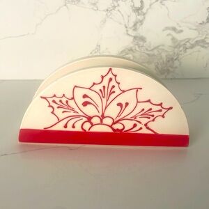 Hand painted ceramic napkin holder, white with red accents